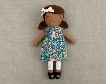 Handmade Brown Skinned Rag Doll, Floral Dress, Keepsake Doll