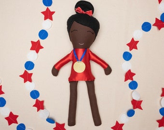 Handmade Simone Biles Cloth Doll, Gymnast with Gold Medal