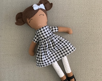 Handmade Brown Skinned Rag Doll, Black and White Gingham Dress