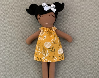 Handmade Brown Skinned Fabric Doll, Embroidered Face, Floral Dress