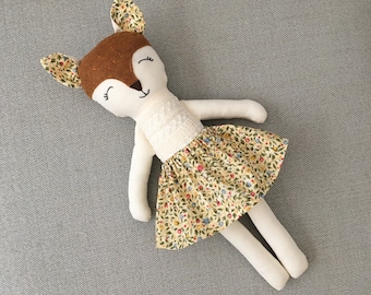 Handmade Vixen Fox Cloth Doll, Floral Skirt, Heirloom Woodland Creature