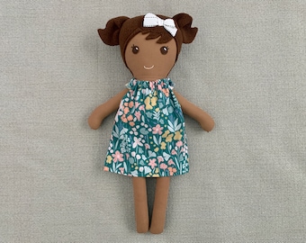 Handmade Brown Skinned Rag Doll, Floral Dress, Keepsake Doll