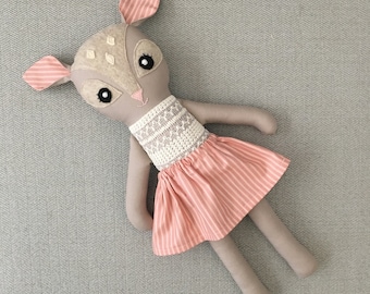 Handmade Fawn Cloth Doll, Removable Skirt, Heirloom Fabric