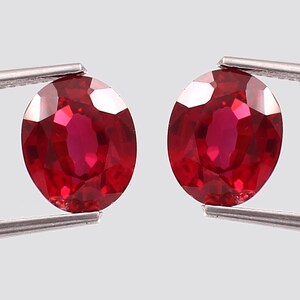 Op de afbeelding: Twee ovaal geslepen, dieprode edelstenen worden door metalen pincetten tegen een lichtgrijze achtergrond gehouden. De edelstenen hebben een hoge glans en lijken gefacetteerd te zijn, waardoor ze het licht reflecteren. De edelstenen zijn qua grootte en vorm vergelijkbaar.