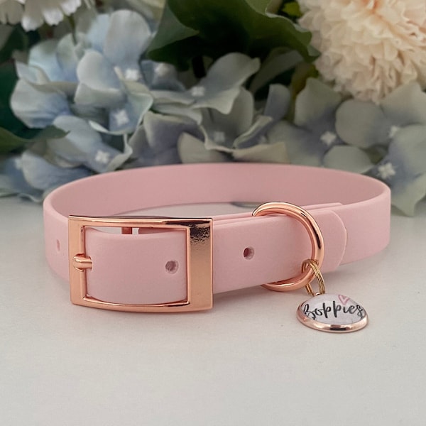 Collar impermeable para perro rosa pastel de 1,6 cm de ancho - Herrajes de oro rosa, plata, latón o acero inoxidable