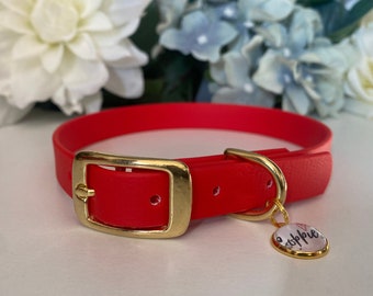 Candy Red Waterproof Dog Collar - Rose Gold, Silver, Brass or Stainless Steel Hardware