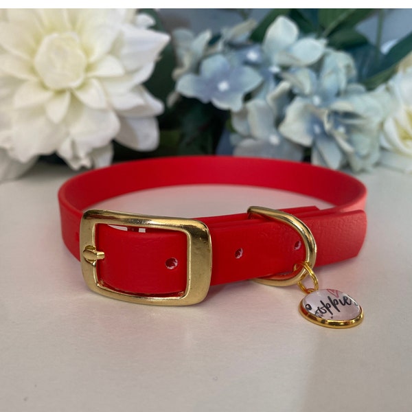 Candy Red Waterproof Dog Collar - Rose Gold, Silver, Brass or Stainless Steel Hardware