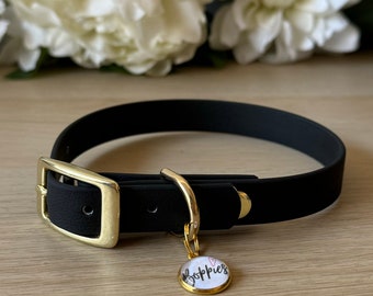 Charcoal Black Waterproof Dog Collar - Rose Gold, Silver, Brass or Stainless Steel Hardware