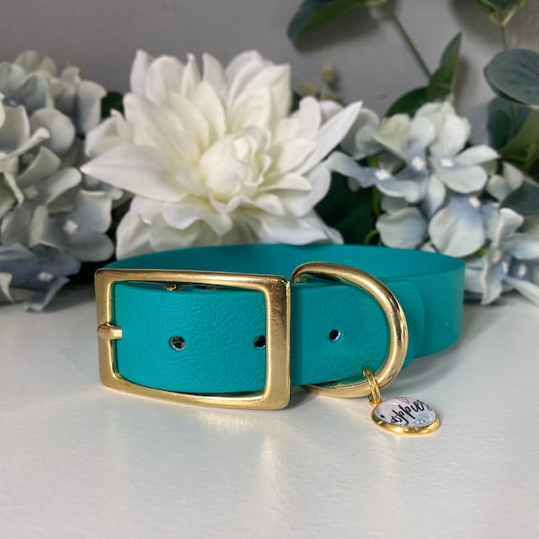 Ocean Blue - Waterproof Dog Collar 2.5cm Width - Rose Gold, Silver or Brass Hardware