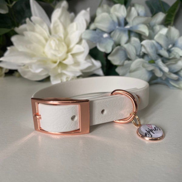 Bright White Waterproof Dog Collar - Rose Gold, Silver, Brass or Stainless Steel Hardware