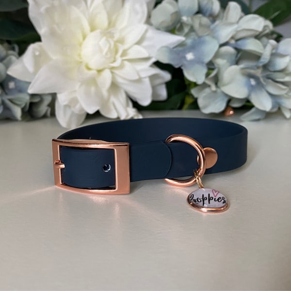 Navy Blue Waterproof Dog Collar - Rose Gold, Silver, Brass or Stainless Steel Hardware