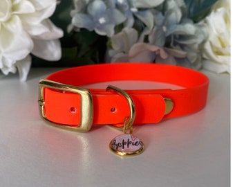 Neon Orange Waterproof Dog Collar - Rose Gold, Silver, Stainless Steel or Brass Hardware