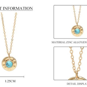 May include: Gold necklace with a turquoise stone pendant. The pendant is a round, hammered metal disc with a smaller turquoise stone in the center. The necklace is 23.5 inches long and the pendant is 1.25 inches wide. MATERIAL: ZINC ALLOY(ENVIRONMENTAL). DETAIL DISPLAY.