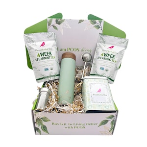 Op de afbeelding: Een geschenkdoos met spearmintthee, een thee-ei, een theeblik en een waterfles. De doos en fles zijn lichtgroen. De theezakjes en het blik hebben een roze vogel logo. Tekst op de doos luidt "Box Kit to Living Better with PCOS."