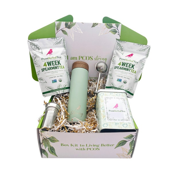 Le kit de boîte à tisanes du SOPK contient du thé biologique à la menthe verte (2pack), une bouteille d’infuseur de thé, une boîte de conserve, une passoire à thé; soutient l’équilibre hormonal, l’acné