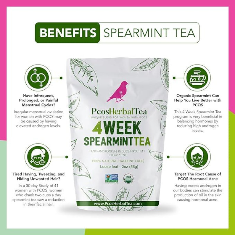 Puede incluir: Una bolsa verde y blanca de PcosHerbal Tea 4 semanas de t&eacute; de menta. La bolsa tiene un p&aacute;jaro verde y el texto "Mezcla &uacute;nica para mujeres con SOPK". La bolsa est&aacute; sobre un fondo rosa con texto que describe los beneficios del t&eacute; de menta para las mujeres con SOPK.
