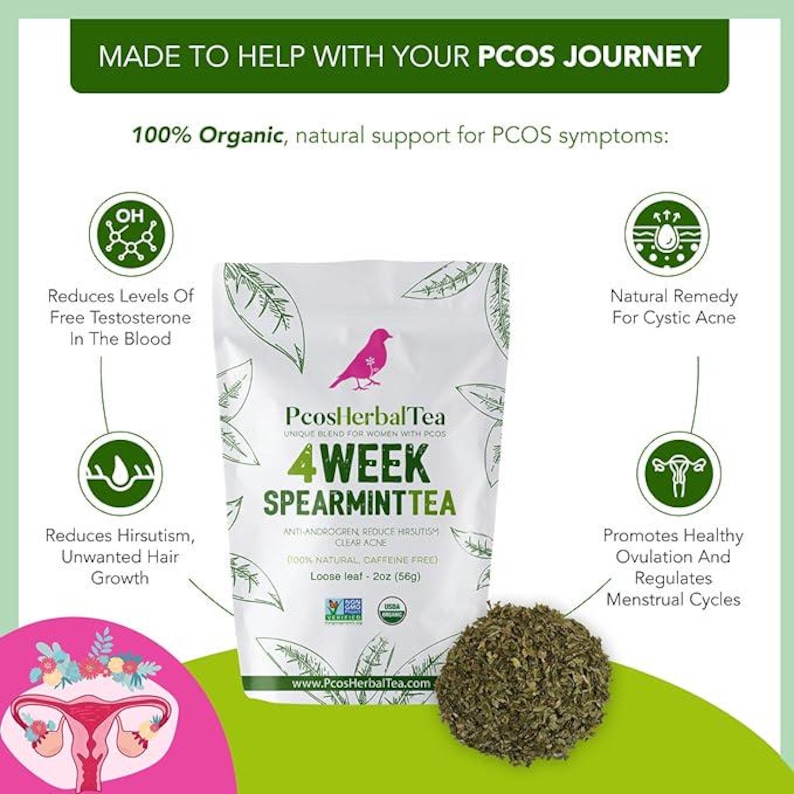 Puede incluir: Una bolsa verde y blanca de t&eacute; de menta verde de 4 semanas para mujeres con SOP. La bolsa presenta una ilustraci&oacute;n de un p&aacute;jaro y el texto "PcosHerbalTea". El t&eacute; es 100% natural, sin cafe&iacute;na y de hoja suelta. La bolsa est&aacute; sobre un fondo blanco con ilustraciones de los beneficios del t&eacute;, incluyendo la reducci&oacute;n de los niveles de testosterona, el hirsutismo y el acn&eacute; qu&iacute;stico, y la promoci&oacute;n de una ovulaci&oacute;n saludable y la regulaci&oacute;n de los ciclos menstruales.