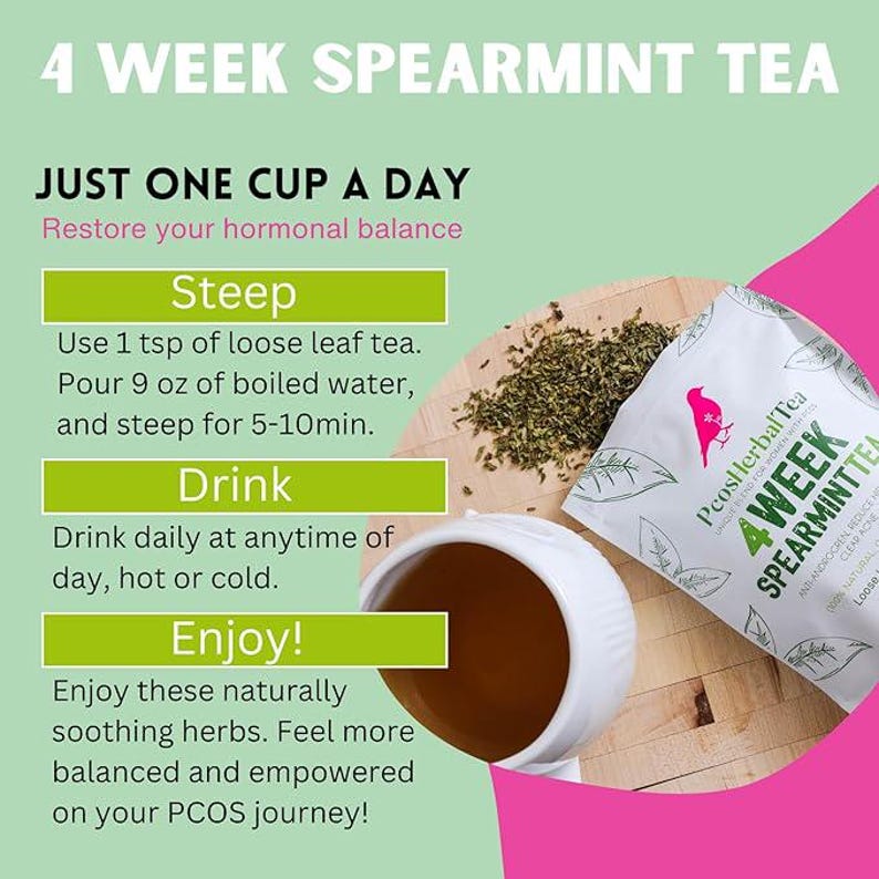 Puede incluir: Un producto de t&eacute; de menta verde de 4 semanas para mujeres con SOP. El producto est&aacute; envasado en una bolsa blanca con un dise&ntilde;o rosa y verde. La bolsa tiene una ilustraci&oacute;n de un p&aacute;jaro y el texto "PeosHerbal Tea" y "4 WEEK SPEARMINT TEA". La imagen tambi&eacute;n muestra una taza de t&eacute; y hojas de menta verde sueltas. El texto en la imagen dice "JUST ONE CUP A DAY Restore your hormonal balance Steep Use 1 tsp of loose leaf tea. Pour 9 oz of boiled water, and steep for 5-10min. Drink Drink daily at anytime of day, hot or cold. Enjoy! Enjoy these naturally soothing herbs. Feel more balanced and empowered on your PCOS journey!"