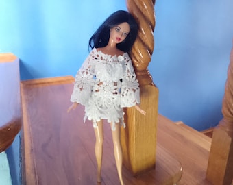 White lace dress with wide sleeves for dolls about 12 inches