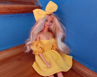 Yellow dress and bow for dolls about 12 inches, doll clothes, one sixth scale clothing