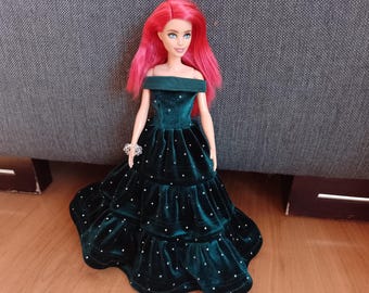 Dark green velvet dress for dolls about 12 inches