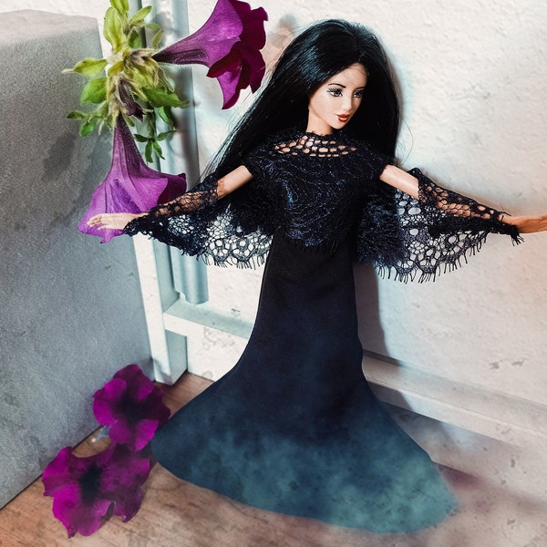 Halloween costume for dolls about 12 inches, Morticia Addams black dress with lace, one sixth scale clothing