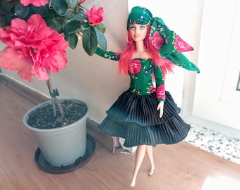 Vestido floral verde con diadema para muñecas de aproximadamente 12 pulgadas