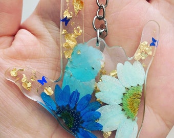 I Love You!  ASL keychains - real pressed flowers - custom keychain - gold flakes -silver- rose gold -butterfly confetti