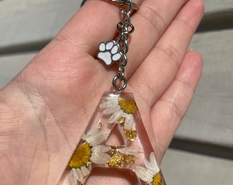 Letter keychain with paw print charm- real pressed flowers- matching paw print charm- gold flakes -fur mamma - initials-monogram- custom