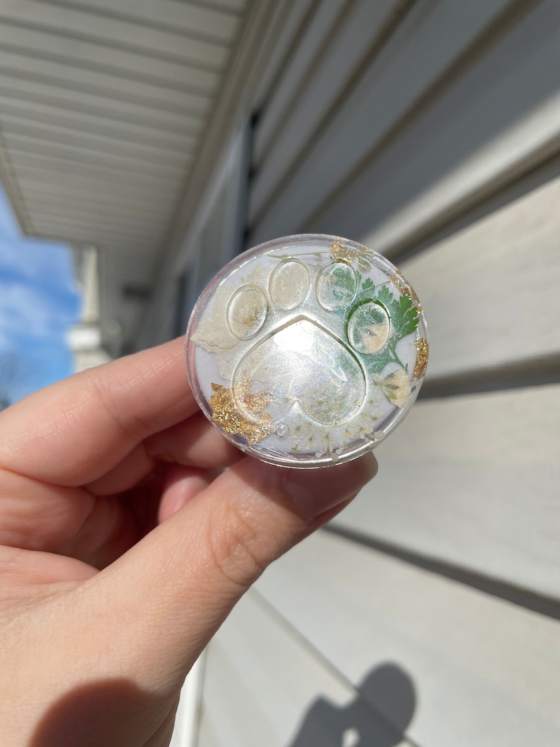 Pu&ograve; includere: Un supporto per telefono rotondo e trasparente con un design a zampa, contenente fiori secchi e scaglie d'oro. Il supporto &egrave; tenuto in mano su uno sfondo esterno sfocato.