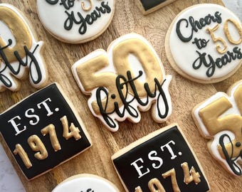 50th birthday cookies | 50th Anniversary | Gold birthday gift | party favors | Custom sugar cookies | fiftieth birthday