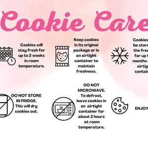 May include: A black and white illustration of a cookie care guide with tips on how to store cookies. The guide includes information on how long cookies can stay fresh at room temperature, how to store them in the freezer, and how to defrost them. The guide also includes a warning not to microwave cookies.