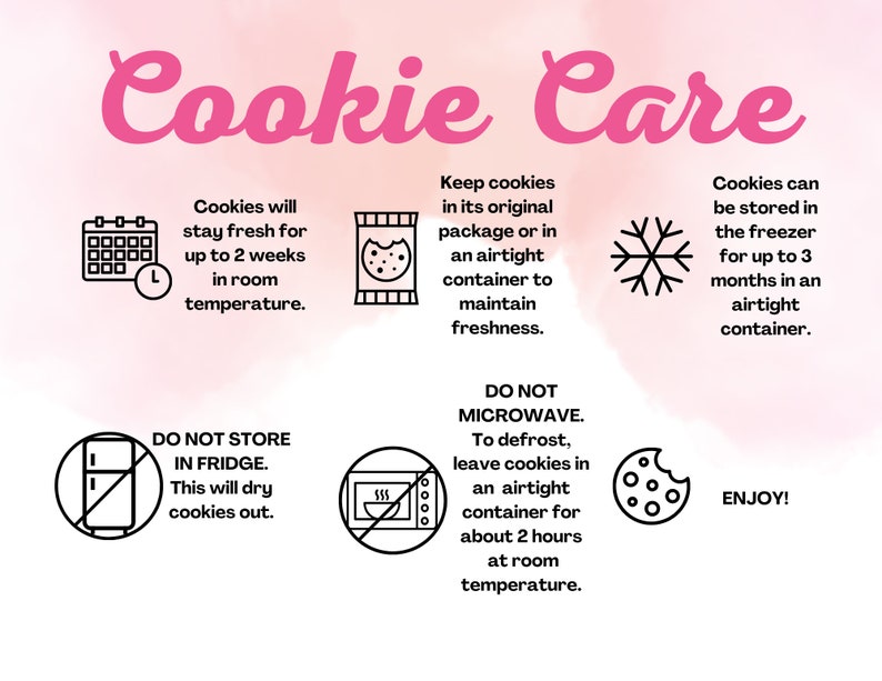 May include: A black and white illustration of a cookie care guide with tips on how to store cookies. The guide includes information on how long cookies can stay fresh at room temperature, how to store them in the freezer, and how to defrost them. The guide also includes a warning not to microwave cookies.