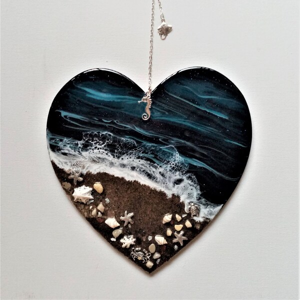 Sandy beach with sea creatures, resin beach art, ocean wave art, 3D wall art, one of a kind, housewarming gift,