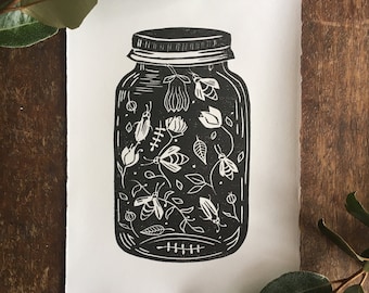 Fireflies Lino print in Black / Botanical print