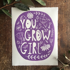 YOU GROW GIRL Lino print in Purple / Botanical print
