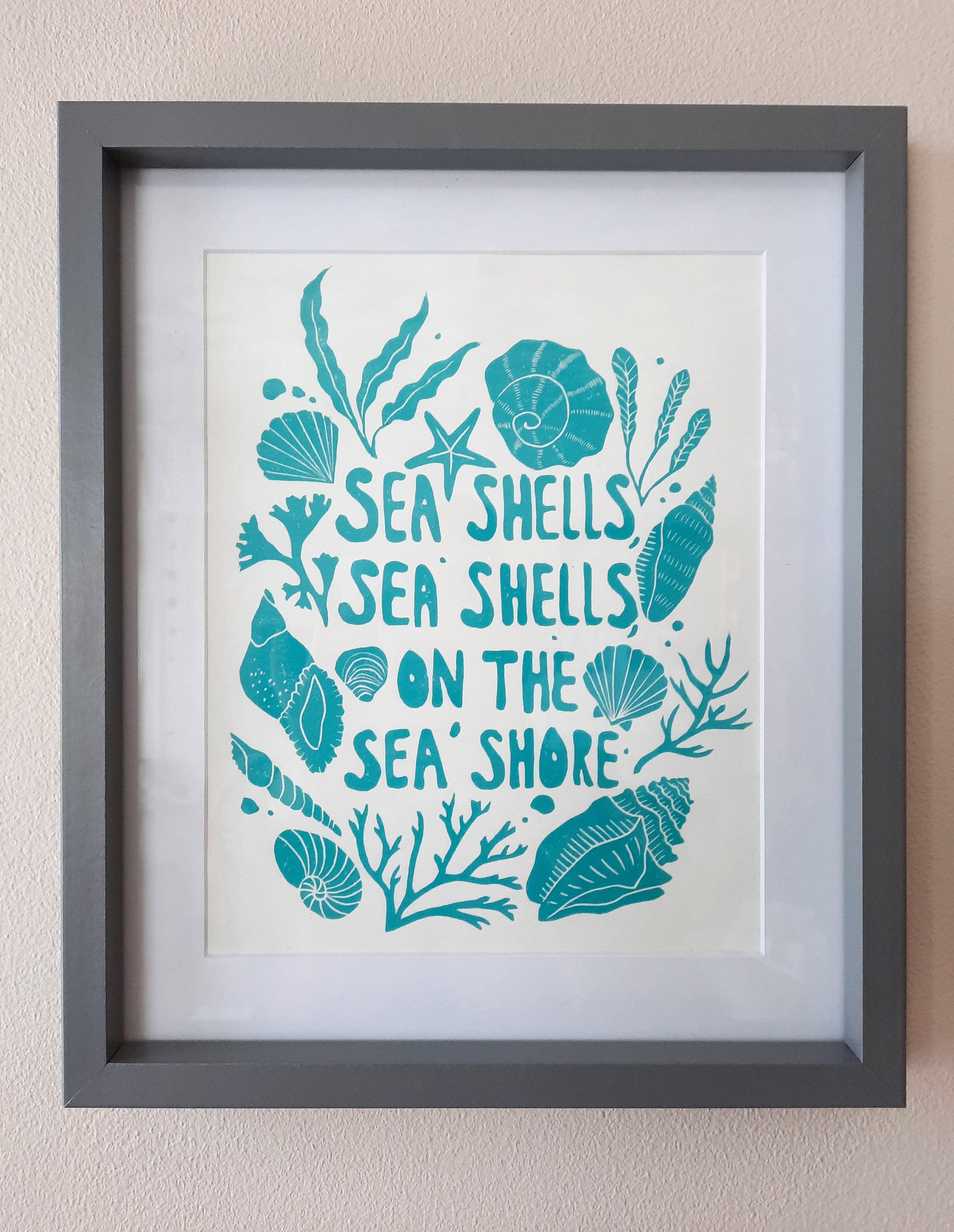 Sea Shell Tongue Twister Lino Print in Blue Etsy