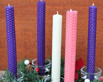 Christmas Advent Rolled Taper Candle Set of 5 or 4 Candles Natural Pure Beeswax Handmade Handrolled