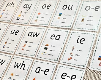 All Double Sided Phonics + Tricky Words Phases 2,3,4,5 Large A6 Flash Cards Sounds Digraphs + Words+ A4 Mat EYFS Home Schooling Learning