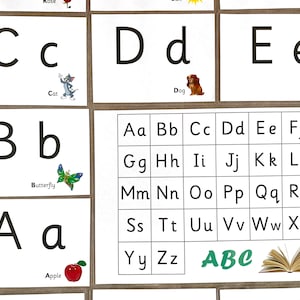 Cartões flash grandes do alfabeto A6, letras minúsculas e palavras com imagens + tapete ABC A4