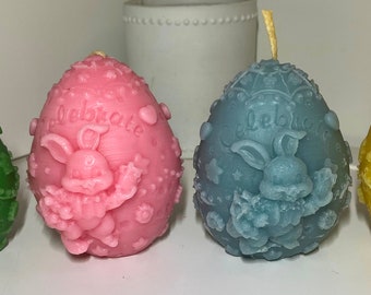 Pair of Pure Beeswax Handmade Natural Easter Egg Shaped Candle Set of 2 Candles with Bunny/Rabbit Flowers and Hearts