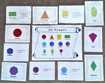 May include: A set of 12 colorful flashcards featuring different 2D shapes, including a circle, square, triangle, rectangle, oval, hexagon, heptagon, octagon, pentagon, rhombus, kite, and a description of each shape.
