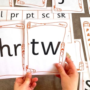 May include: Two white cards with orange borders and the words "thr" and "tw" written in black. The cards are part of a set of phonics flashcards for learning to read.