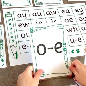 Tarjetas didácticas de fonética de doble cara, fase 5, tamaño A6 + póster A4, aprendizaje en casa EYFS KS1, dígrafos y sonidos