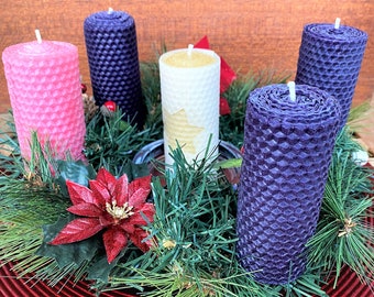 Christmas Advent Rolled Pillar Candle Set of 5 or 4 Candles Natural Pure Beeswax Handmade Handrolled