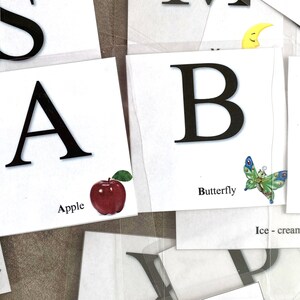 Tarjetas Flash A6 grandes del alfabeto, palabras e imágenes + tapete de letras mayúsculas ABC, póster, aprendizaje en casa