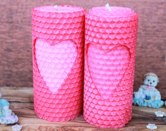 Pink Heart Cut out Hand-Rolled Pillar Candle Natural Pure Beeswax Handmade