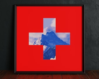 Switzerland Flag Print, Alps Mountain Art, Swiss Wall Art Illustration