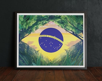 Brazilian Flag Illustration, Tropical Beach Scene, Palm Wall Art