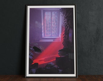 Red Noir Vaporwave Art Print: Surreal Interior Illustration